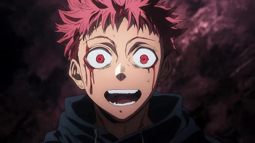 Cursed grin ignites crimson eyes in stormy anime gloom