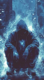 Hooded figure channels blue urban energy in the night.