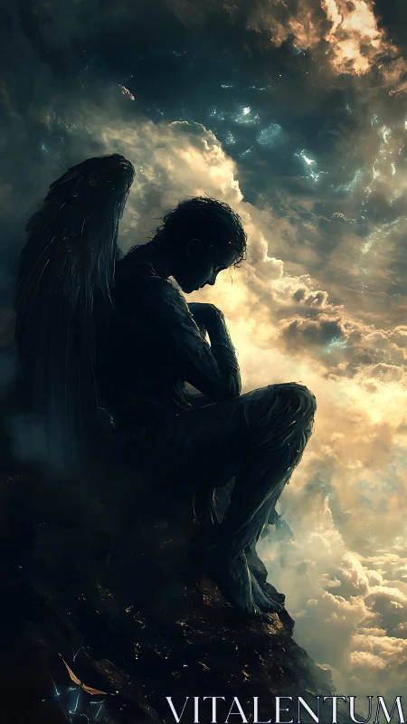 Brooding dusk angel perched above a storm of molten clouds.