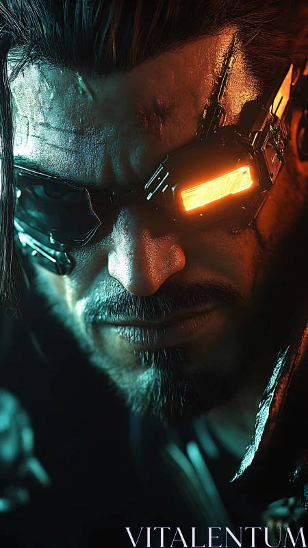 Cybernetic visor glare on tactical augmented operative portrait.