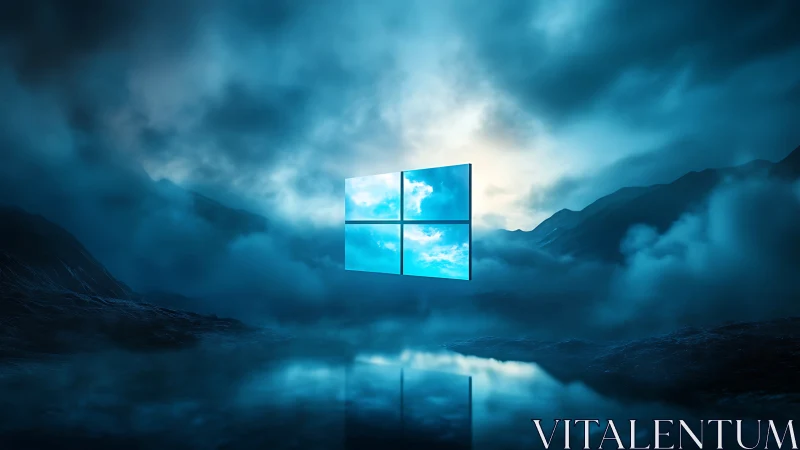 Floating luminous window logo hovers above misted cyber-lake