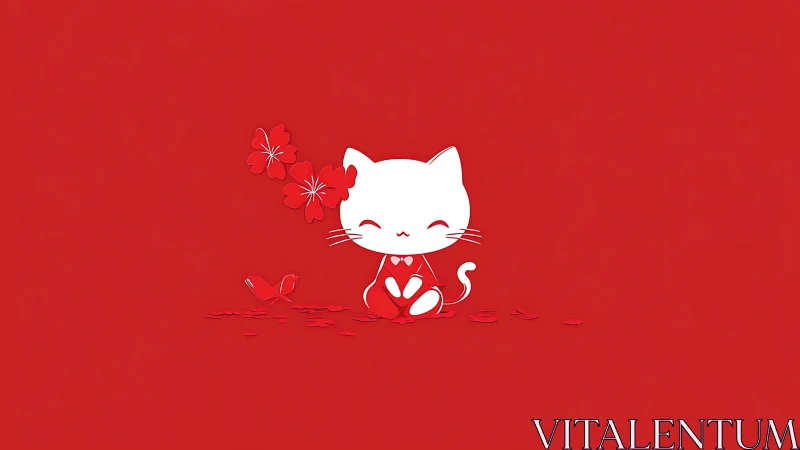 Adorable White Kitten Holding Flowers on Warm Red Background