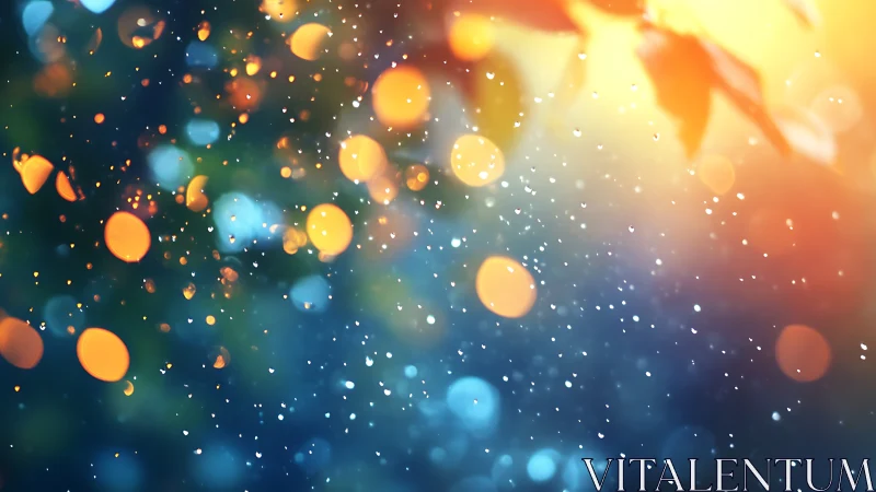 Backlit raindrops fall through glowing bokeh at sunset