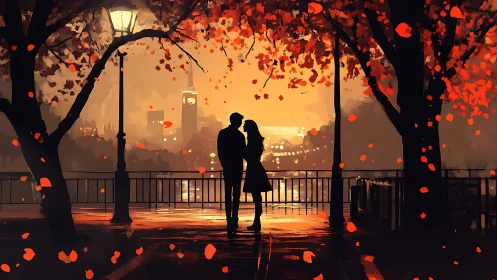 Silhouetted Couple Embracing Under Autumn Trees at Golden Dusk.