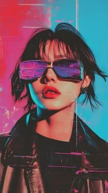 Cyberpunk portrait shows woman in glitch neon sunglasses