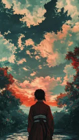 Solitary figure in red kimono under expansive sunset clouds