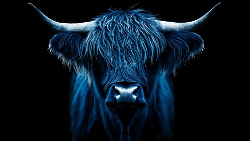 Neon blue highland bull portrait in dramatic low key lighting.