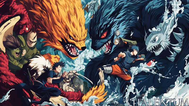 Clashing elemental beasts and ninja warriors in oceanic fury.