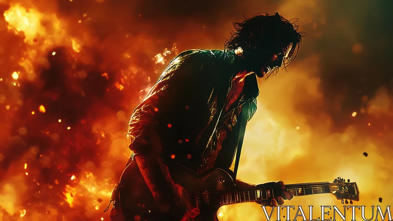 Rock guitarist roars against a blazing inferno of light and fire