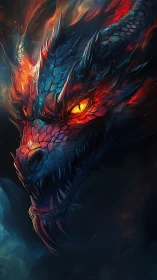 Fiery dragon head emerges from shadow in vivid flame-lit colors.