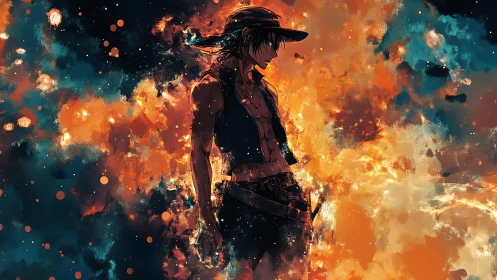 Fiery outlaw silhouette in explosive teal and orange nebula.