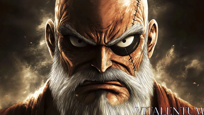 Weathered cyborg veteran with stitched scar and single eye glares intensely