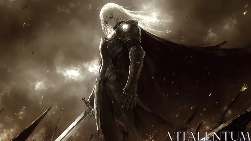 Armored swordswoman dominates storm-lit battlefield in monochrome