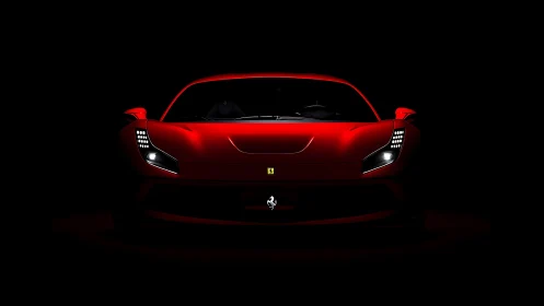 Red sports coupe front view in dark minimal lighting.