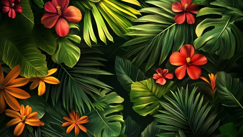 Lush tropical foliage with vivid red and orange blossoms.