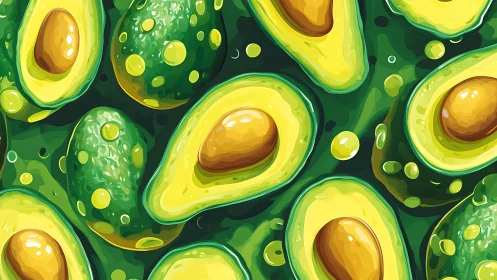 Repeating avocado pattern renders stylized halved fruit surfaces