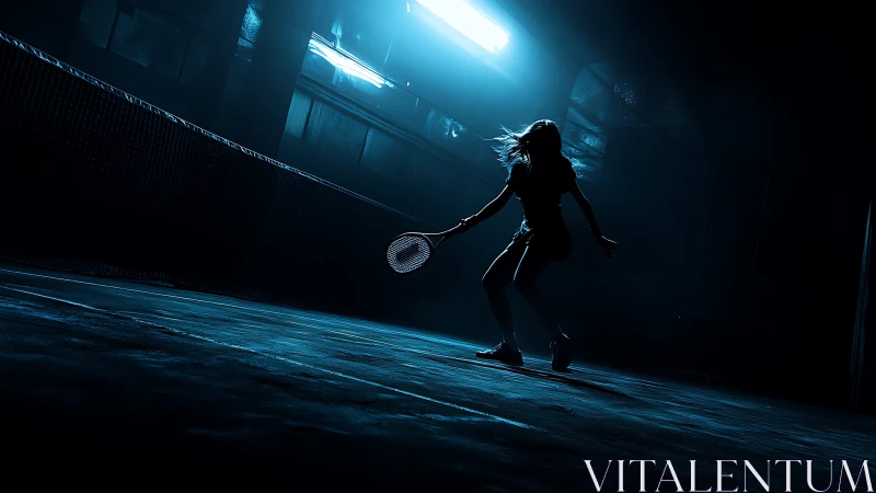 Silhouetted badminton player lunges under harsh blue light