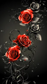 Red and gray roses arranged on dark background.