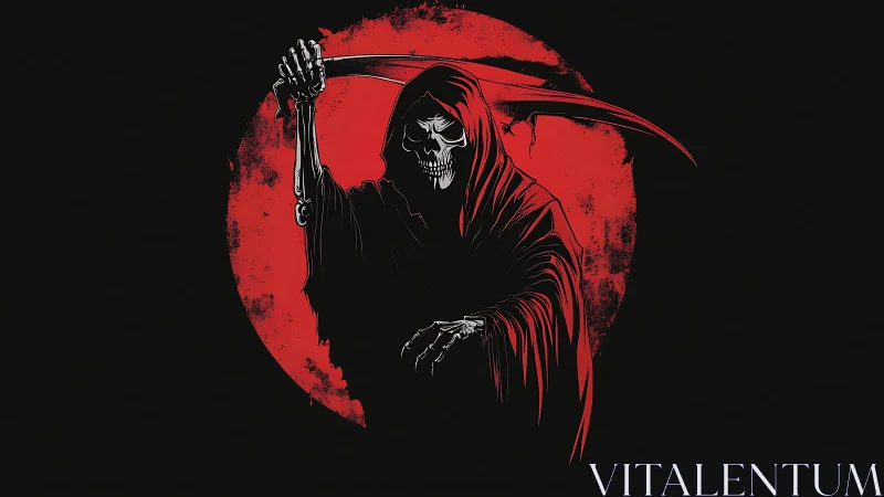 Grim reaper illustration isolates in red halo with scythe poised