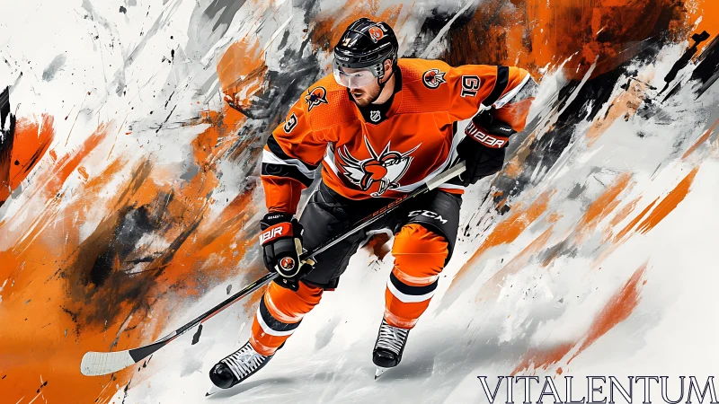 Dynamic ice hockey forward in orange uniform amid paint bursts.