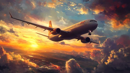 Twin‑engine airliner climbing through dramatic sunset cumulonimbus