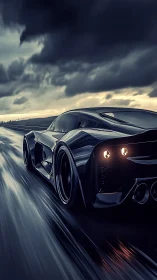 Aerodynamic hypercar sprints on wet roadway under storm-heavy sky