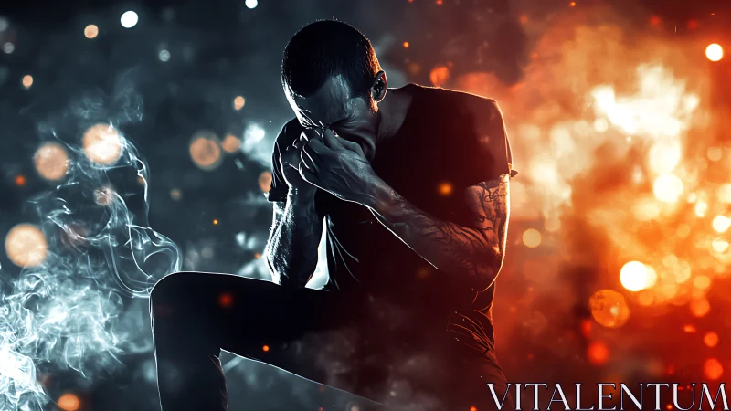 Tormented silhouette kneels between cold smoke and burning light.