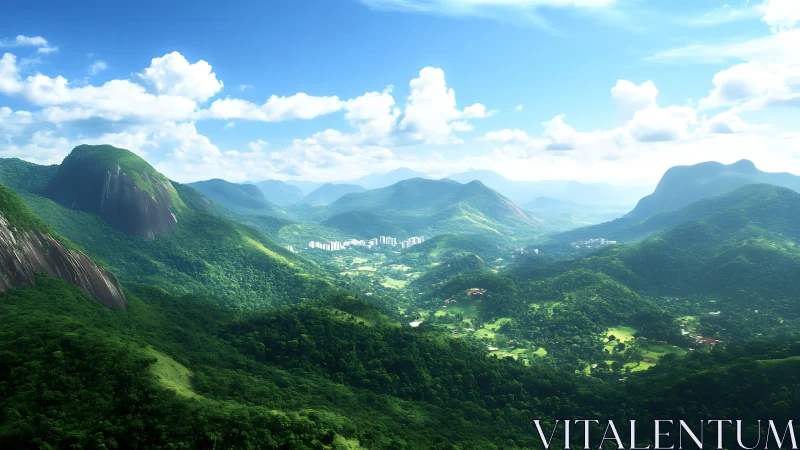 Photorealistic tropical valley panorama with distant urban core.