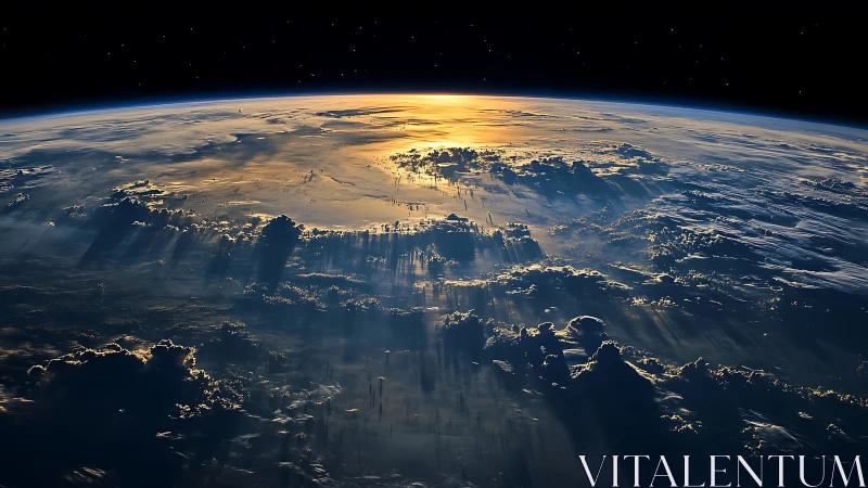 Low Earth orbit sunrise renders volumetric cloud shadows