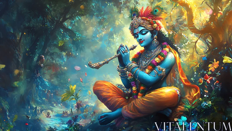 Forest-blue deity braids flute music through painted light