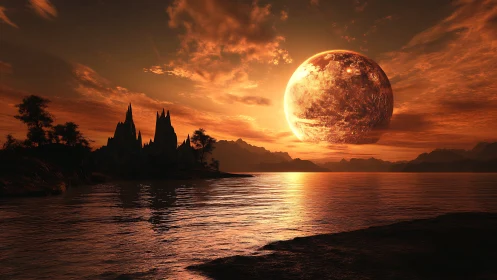 Alien sun ignites crimson skies over tranquil alien sea.