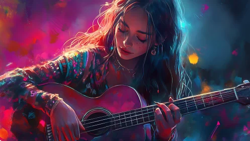 Gentle guitarist surrounded by glowing rainbow colors.