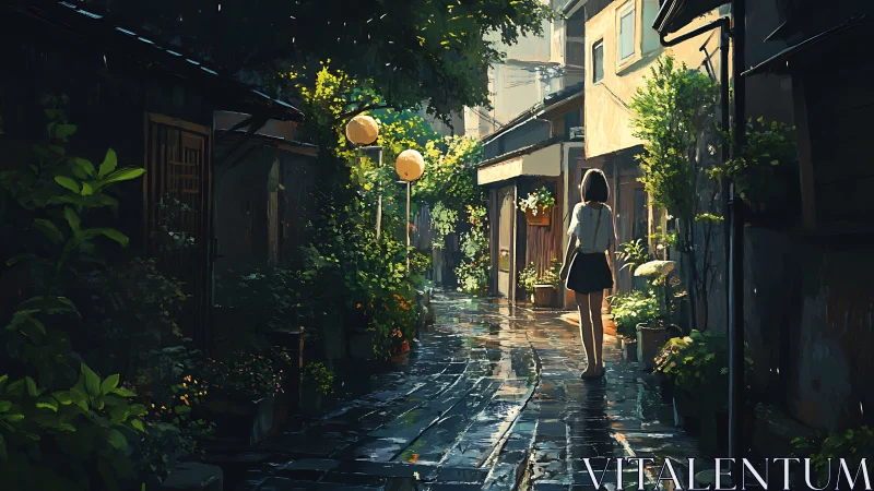 Girl walks alone through wet narrow alley lined with plants