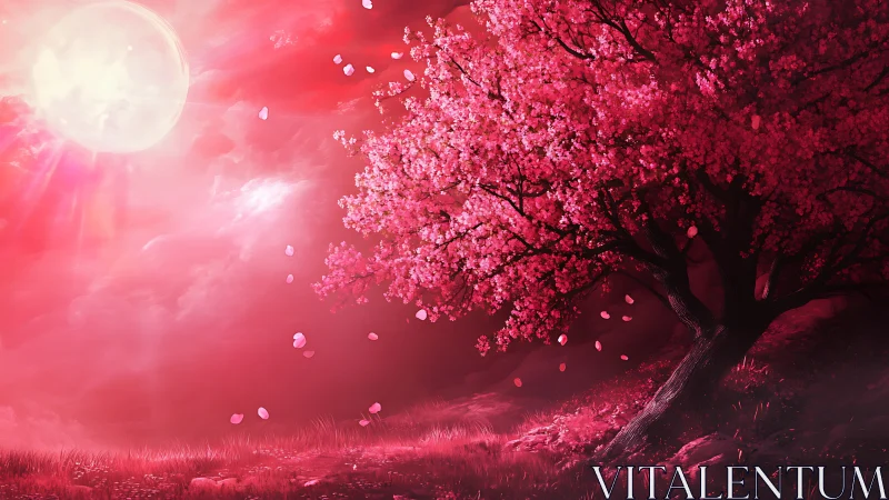 Blossoming cherry tree glows beneath an ethereal crimson moon