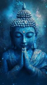 Serene blue Buddha in peaceful prayerful stillness.