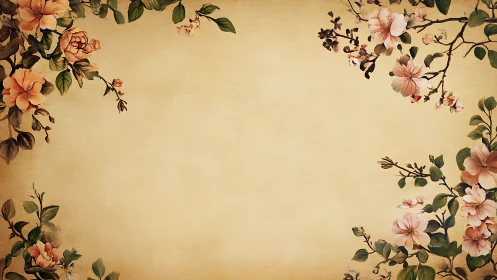 Vintage floral border on beige background for text space.