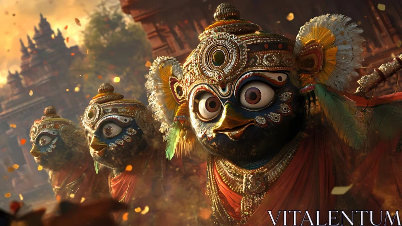 Ornate avian deity figures in processional temple setting.