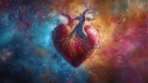 Anatomical Heart Suspended in Cosmic Nebula.