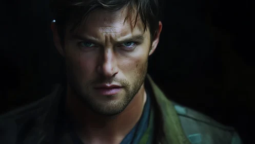 Brooding soldier portrait under dramatic low key lighting.