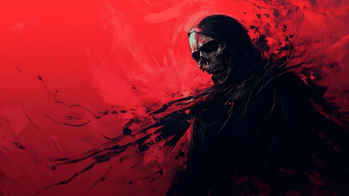Skeletal reaper emerges through red negative space with dynamic brushwork
