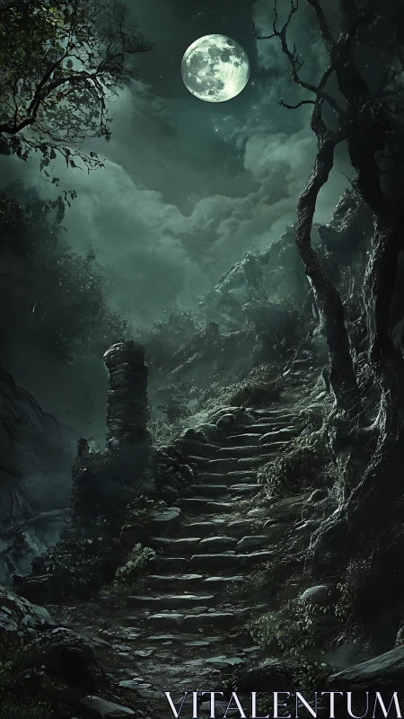Moonlit stone stairway rising through dense dark forest.