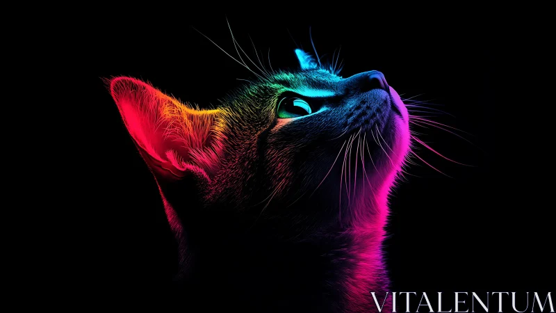 Neon side-lit cat portrait glows against deep black void.