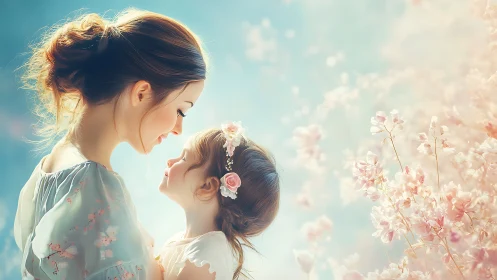Mother and Daughter Embrace Among Blooming Flowers
