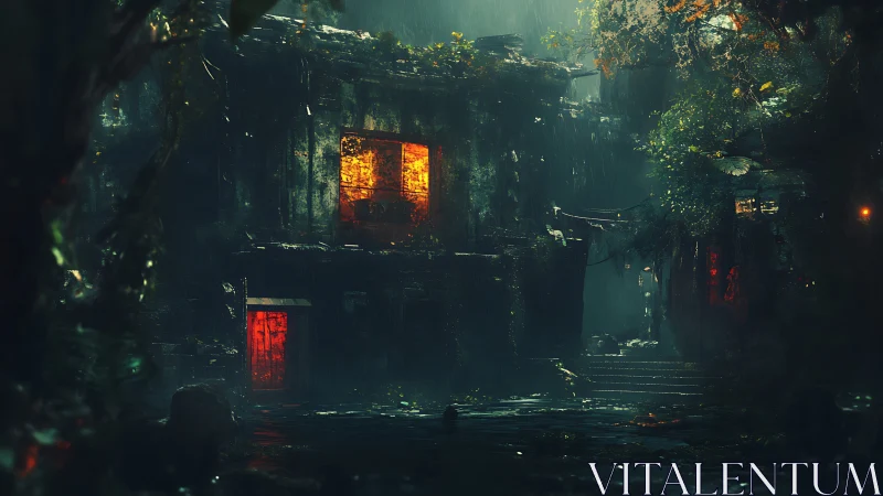 Rain-drenched jungle ruin with luminous red apertures at night.