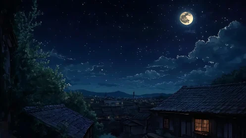 Moonlit rooftops over a quiet, starlit countryside town.