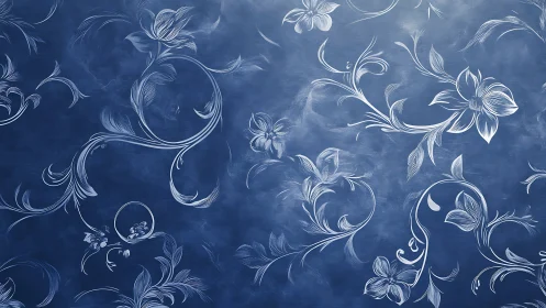 Blue floral wallpaper pattern with white swirling vines.