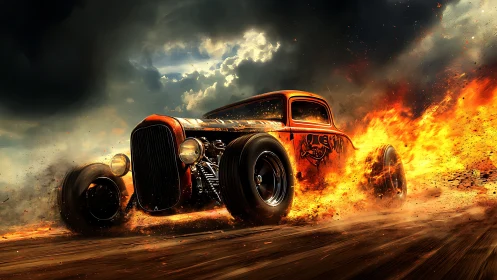 Flaming Hot Rod Truck Speeds Through Inferno.