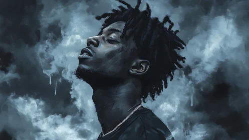 Smoke-wreathed dreamer leans into the storm-soft night air