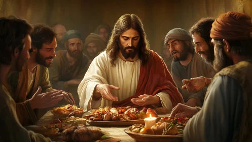 Central robed figure blesses shared meal with surrounding men