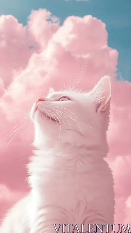 White cat gazing skyward amid pink clouds
